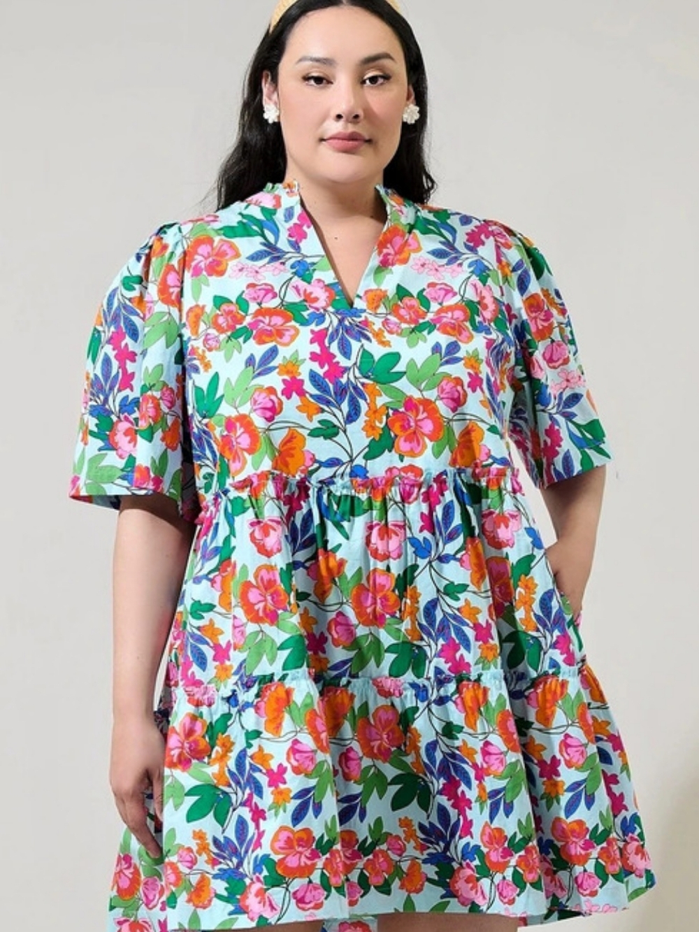 SugarLips Orlena Floral Dixie Split Neck Shift Dress Blue & Pink Large